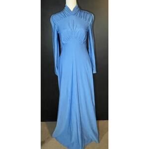 Vintage 70s Style Blue Maxi Dress Mock Neck Long Sleeve Stretch XSLeft Seam Flaw